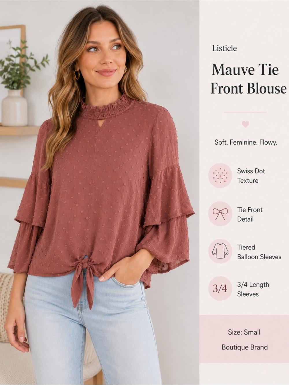 Listicle Mauve Tie-Front Swiss Dot Blouse